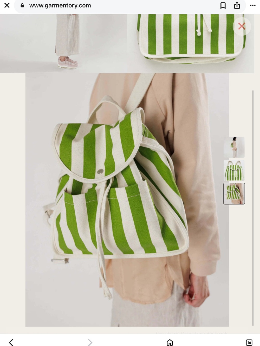 BAGGU Green and White Striped Canvas Drawstring Backpack